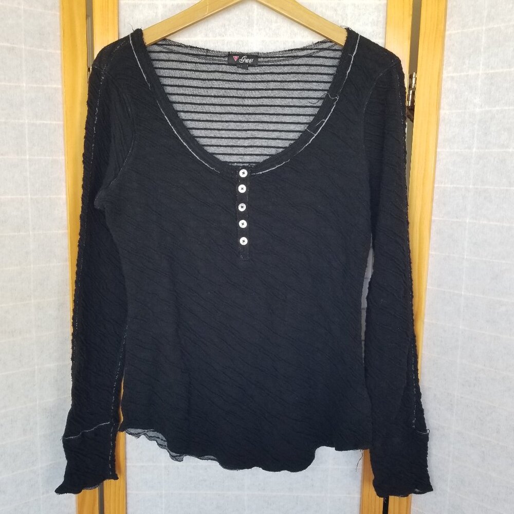 Guess Y2K Shirt Black Long Sleeve Tee Henley Large